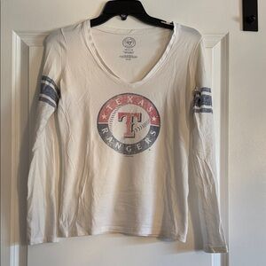 '47 Brand Texas Rangers V-Neck Tee - White with Red & Navy Logo